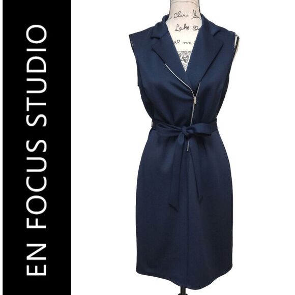 💙 EN FOCUS STUDIO Sleeveless Belted Moto Sheath Navy Blue Dress SIZE 8 - Picture 1 of 10